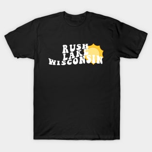 Sunshine in Rush Lake Wisconsin Retro Wavy 1970s Summer Text T-Shirt